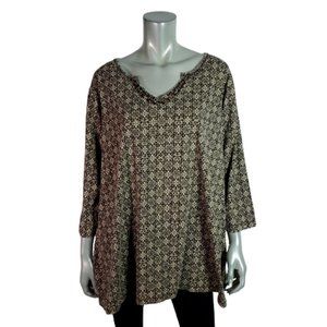 White Stag Top Plus Size 3X 22W 24W Beaded Stretch V-Neck 3/4 Sleeve Brown